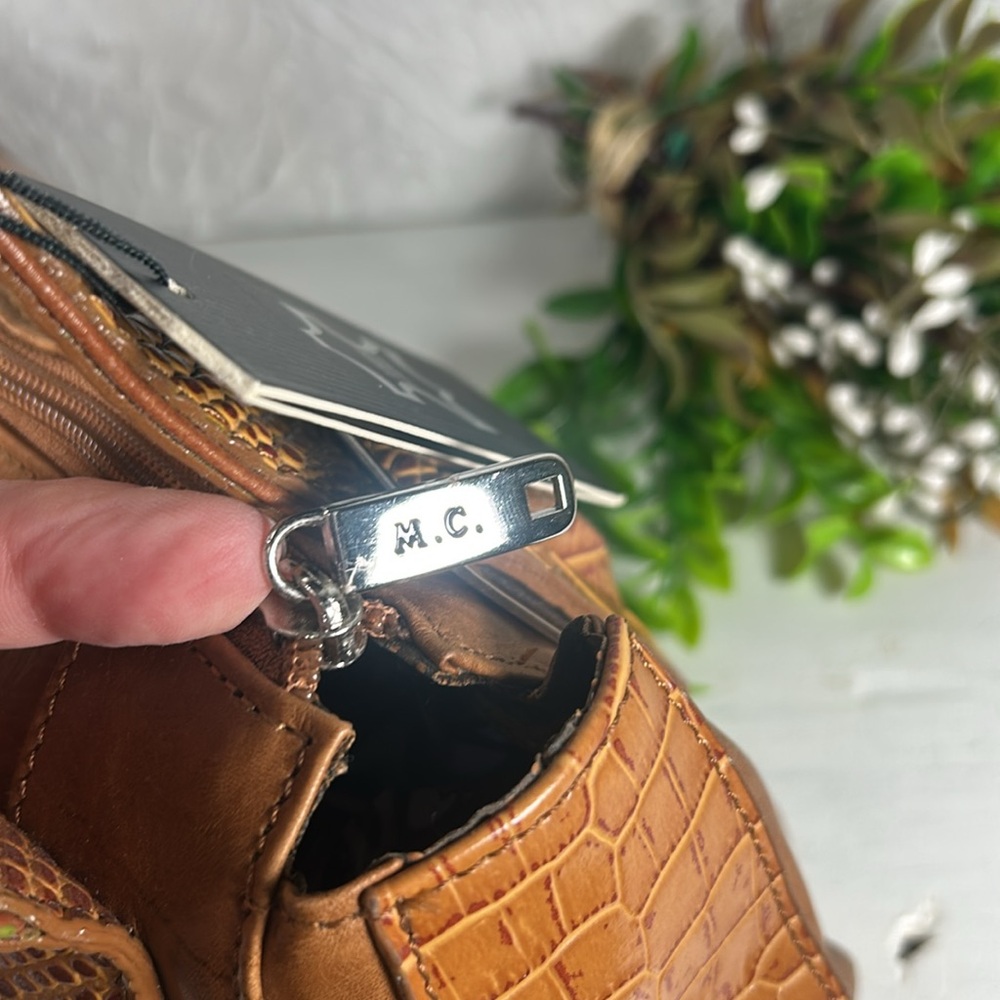 🆕M.C. Embossed NEW Genuine Leather Shoulder Bag Camel Color Silver Accents NWT - Picture 11 of 16